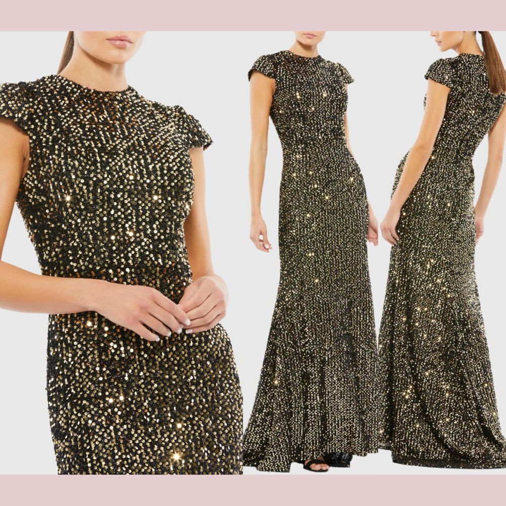 NWT IEENA Mac Duggal [ 2 ] 26647 Sequined Cap Sleeve High Neck Gown Black Gold‎